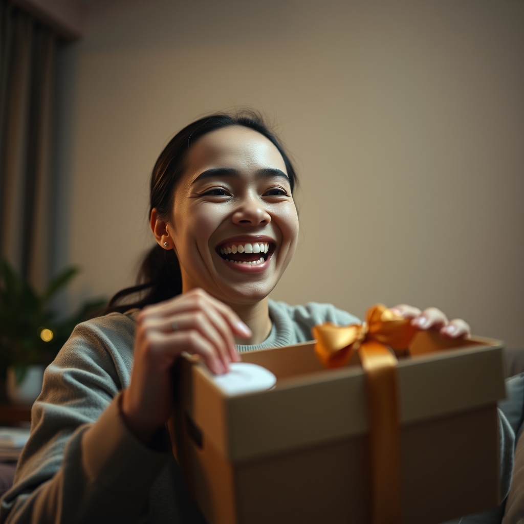 A person smiling while unboxing a beautifully packaged product, with a look of genuine delight and surprise on their face.
