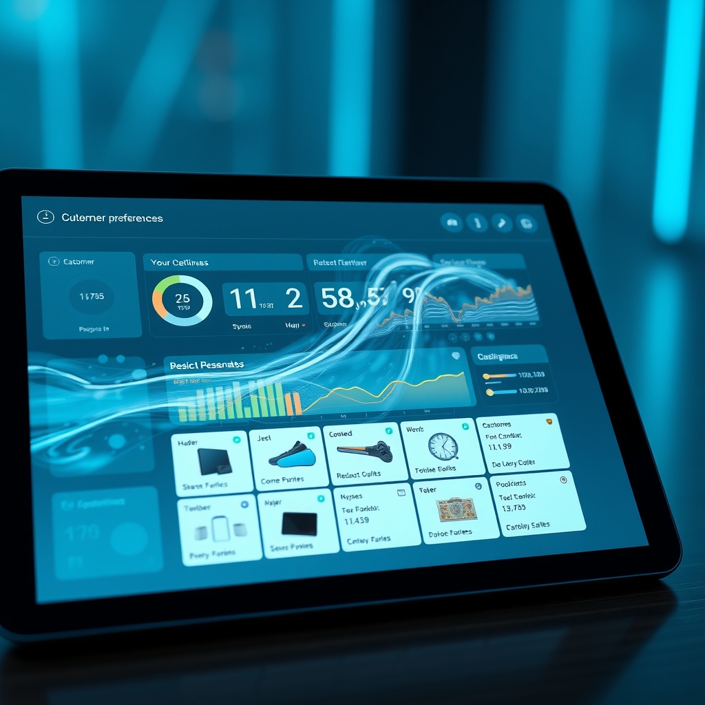 A serene, futuristic dashboard on a tablet showing a customer's unique preferences flowing like water into personalized product recommendations.