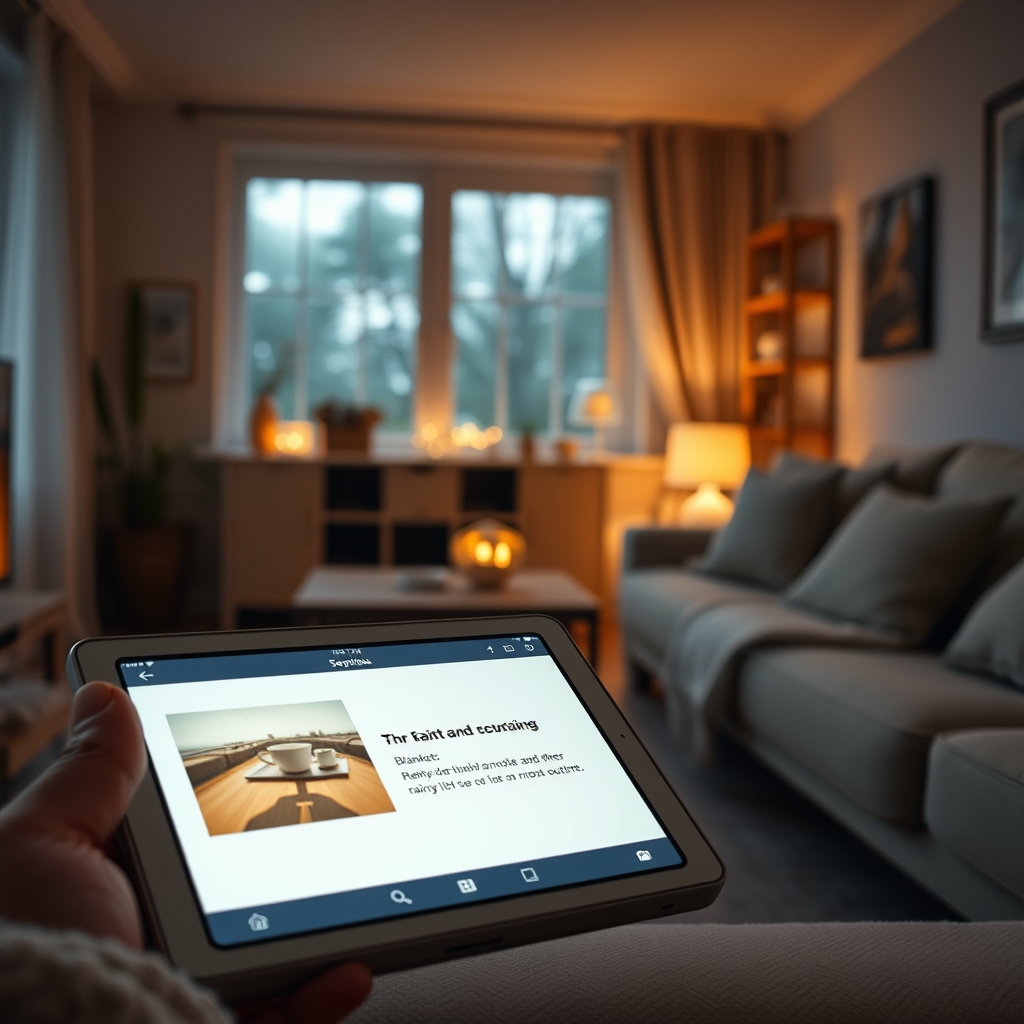 A cozy living room scene where a smart device's screen glows, showing a contextual recommendation for a blanket and hot drink based on rainy weather outside.
