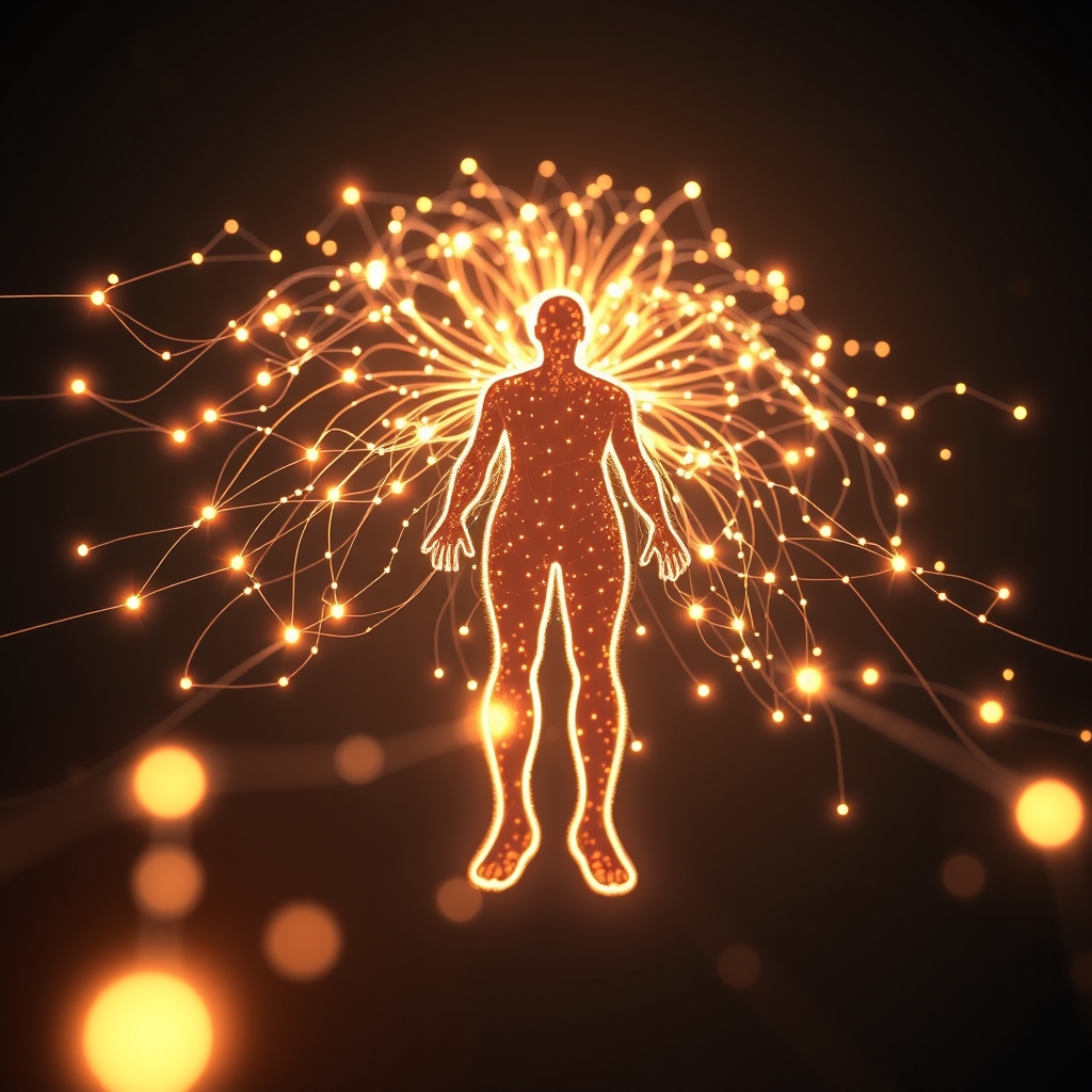 A symbolic, beautiful image of a human silhouette made of interconnected digital threads and data points, glowing with warm light, representing personalized connection.