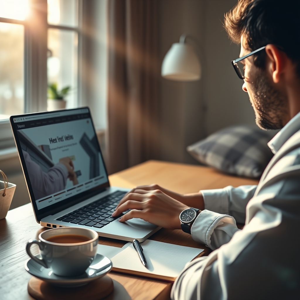 A person looking at a beautifully designed website on a laptop, with a cup of coffee and a notebook beside them, morning light streaming through a window.