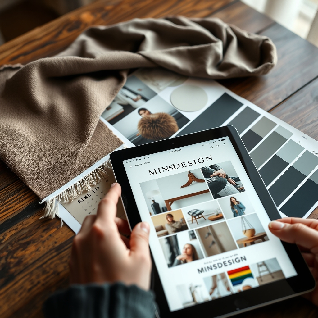 A close-up of a mood board on a table, with fabric swatches, paint samples, and a tablet showing the MINSDESIGN website, hands pointing at details.