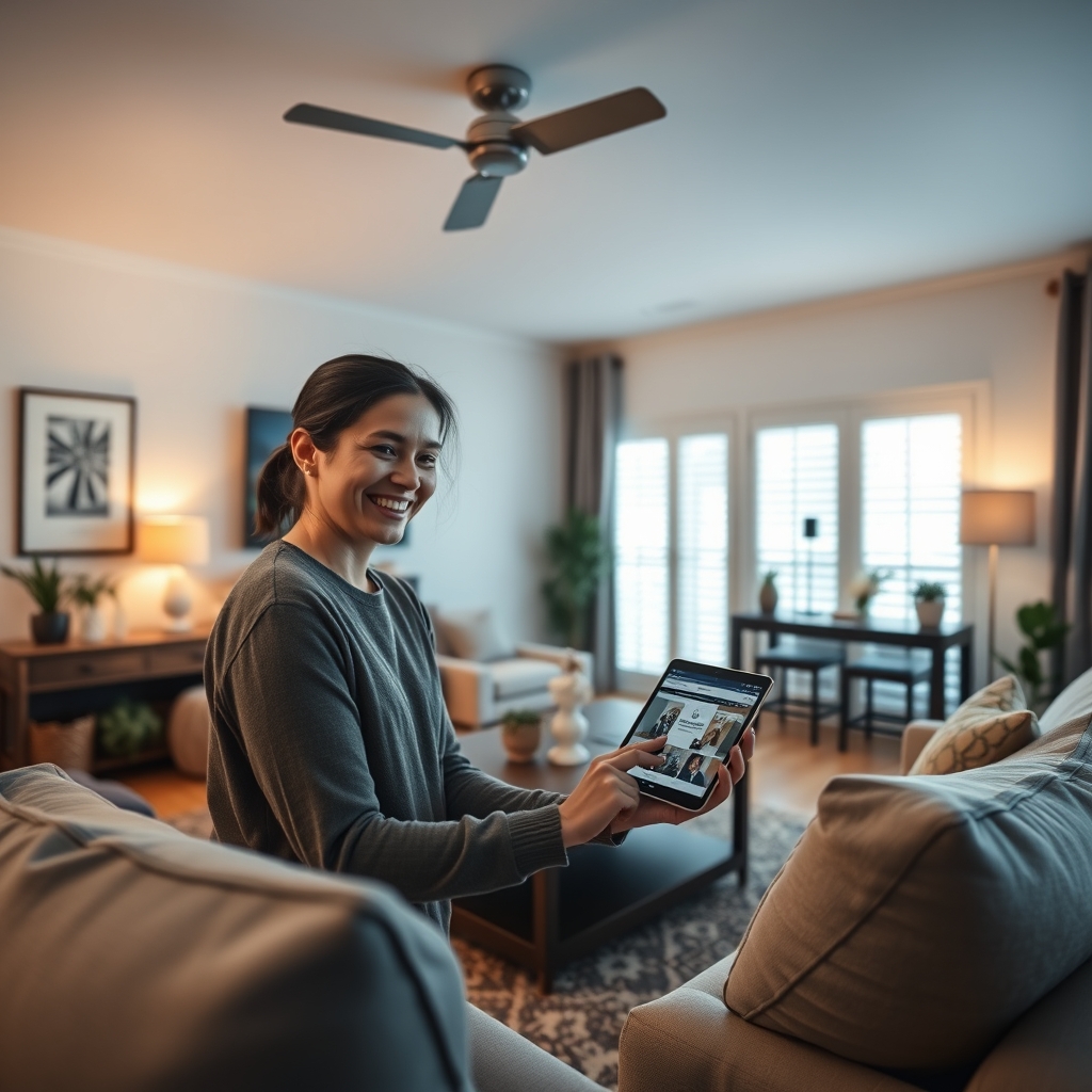 A cozy, personalized living room that came to life from inspiration, with a person smiling while arranging a final decorative item, the website visible on a tablet in the background.