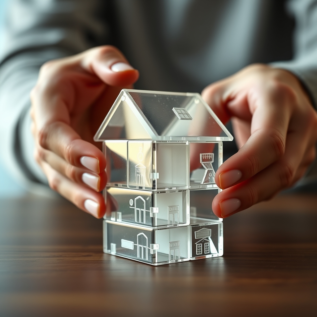A close-up shot of hands carefully stacking clear, geometric blocks to build a miniature modern house, with soft, focused lighting highlighting the textures.