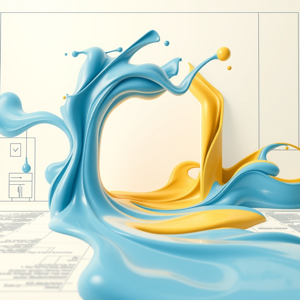 An abstract scene showing a flowing liquid of brand colors (e.g., soft blue and gold) filling the blueprint of a house, symbolizing brand identity seeping into every corner.