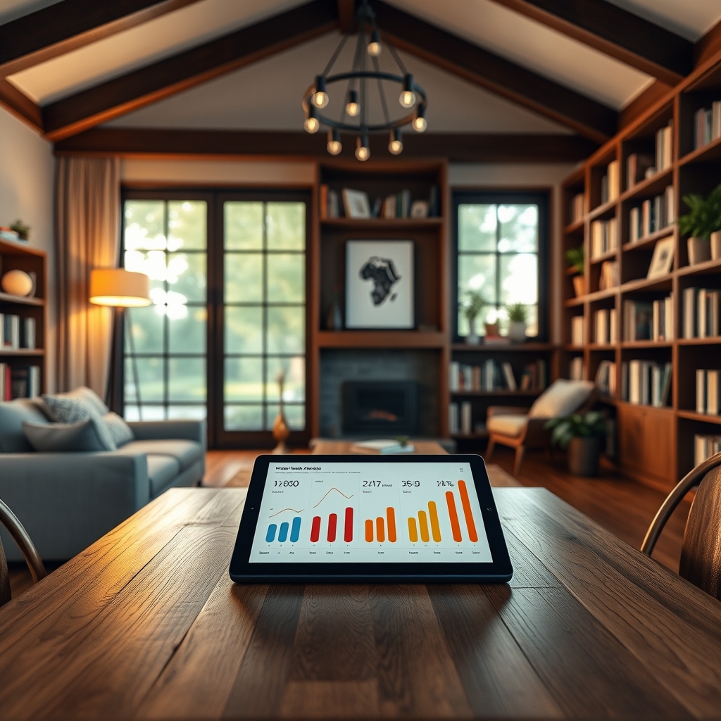 A warm, inviting scene of a well-lived-in modern home library, with a tablet on the table showing video analytics graphs, blending the concepts of home and data-driven brand growth.