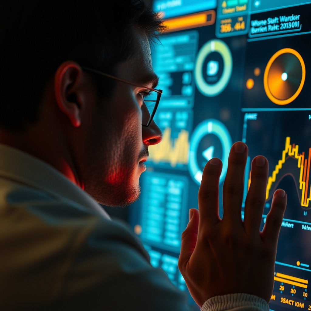 A person looking thoughtfully at a complex, glowing tech dashboard, but their reflection in the screen shows a simple, human moment of connection.