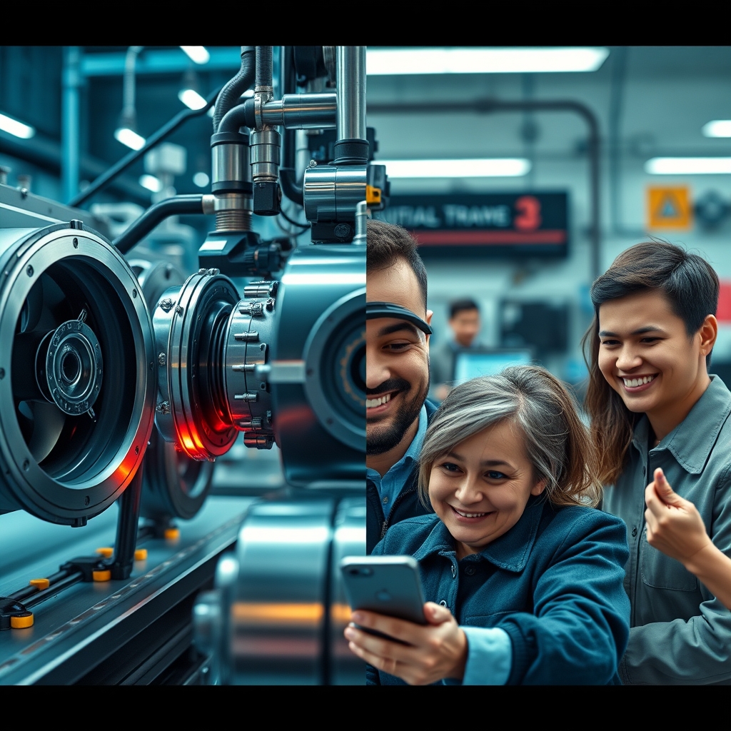 A stark contrast image: one side shows cold, precise machinery; the other shows warm, candid photos of people using a product with genuine smiles.