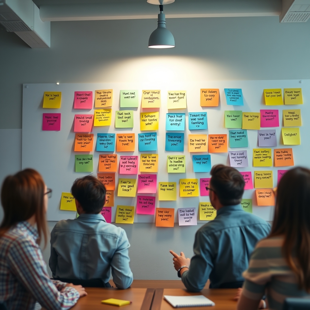 A marketing team brainstorming, with sticky notes on a wall showing customer quotes and emotions like 