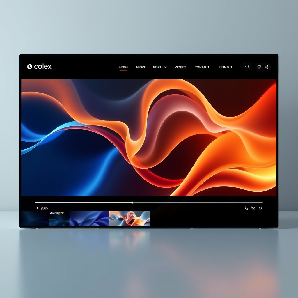 A sleek, modern website homepage with a dynamic video gallery showing abstract, flowing colors and geometric shapes transitioning smoothly.