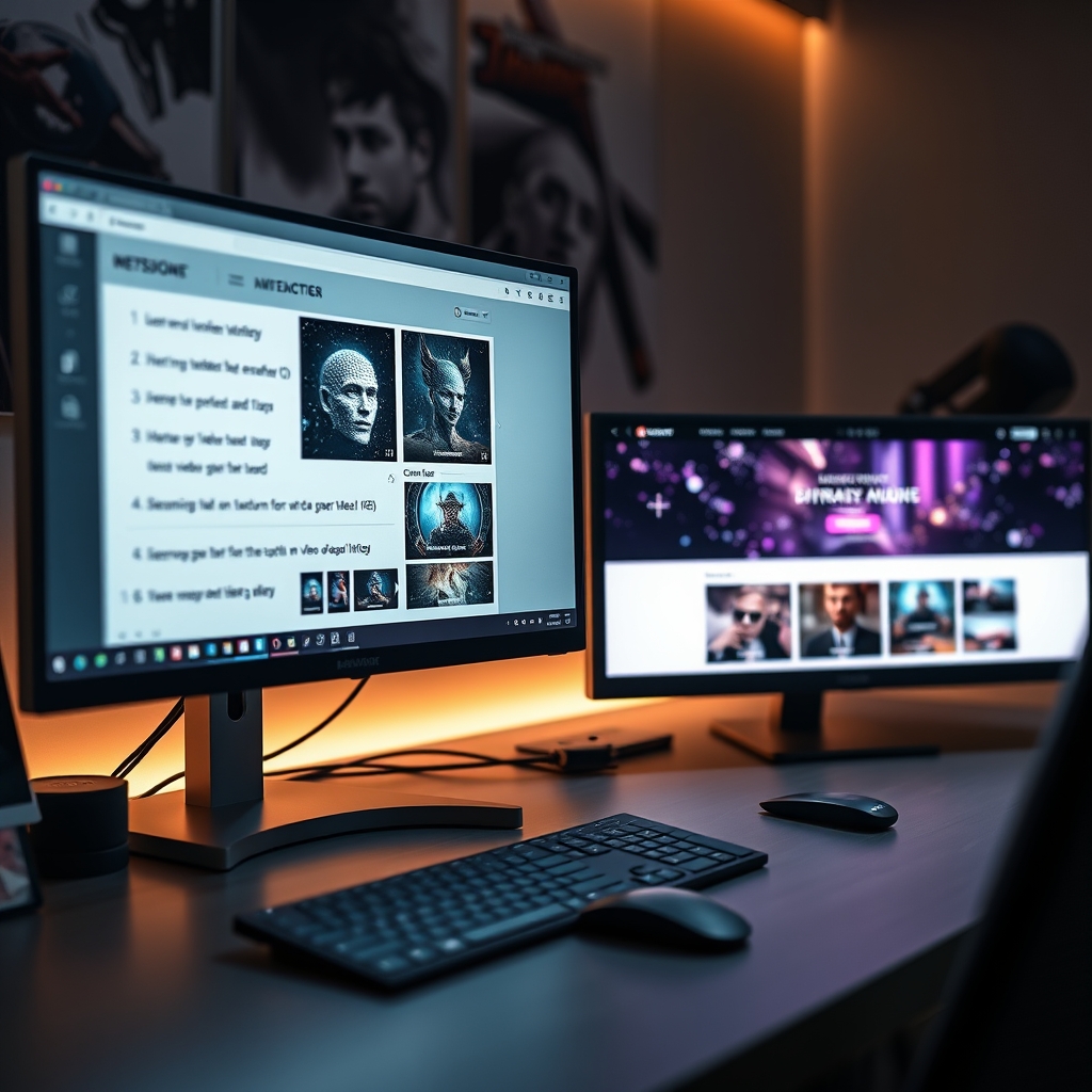 Close-up of a designer's desk with dual monitors, one showing an AI video generation interface with prompts, the other displaying a stunning, ethereal video gallery on a live website.
