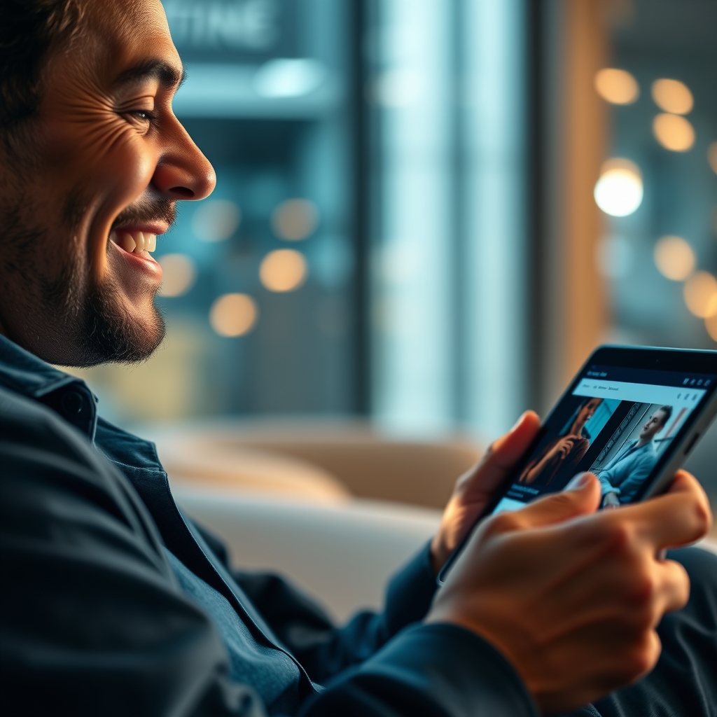 A person smiling while viewing a website on a tablet, reflected light from the dynamic video gallery playing on their face, looking captivated.