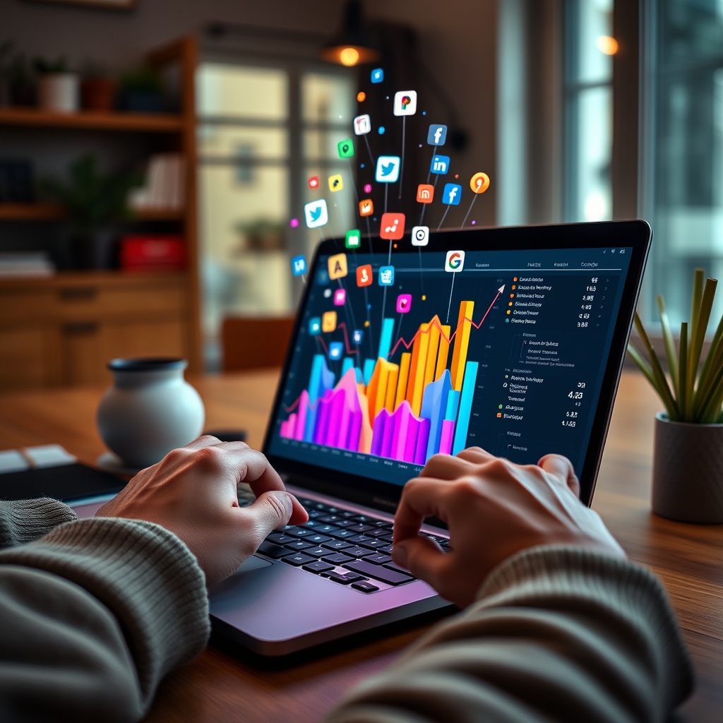 A person's hands creating engaging content on a laptop, with colorful graphs and social media icons rising from the screen like a fountain, in a cozy home office setting.