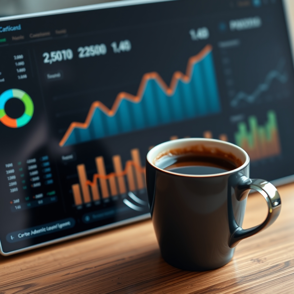 A close-up of an analytics dashboard showing upward trends, with a warm cup of coffee beside it, conveying smart and calm decision-making.