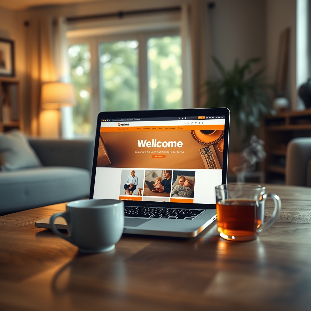 A cozy, softly lit living room scene with a laptop open on a wooden table, showing a warm and welcoming website. A cup of steaming tea sits beside it.