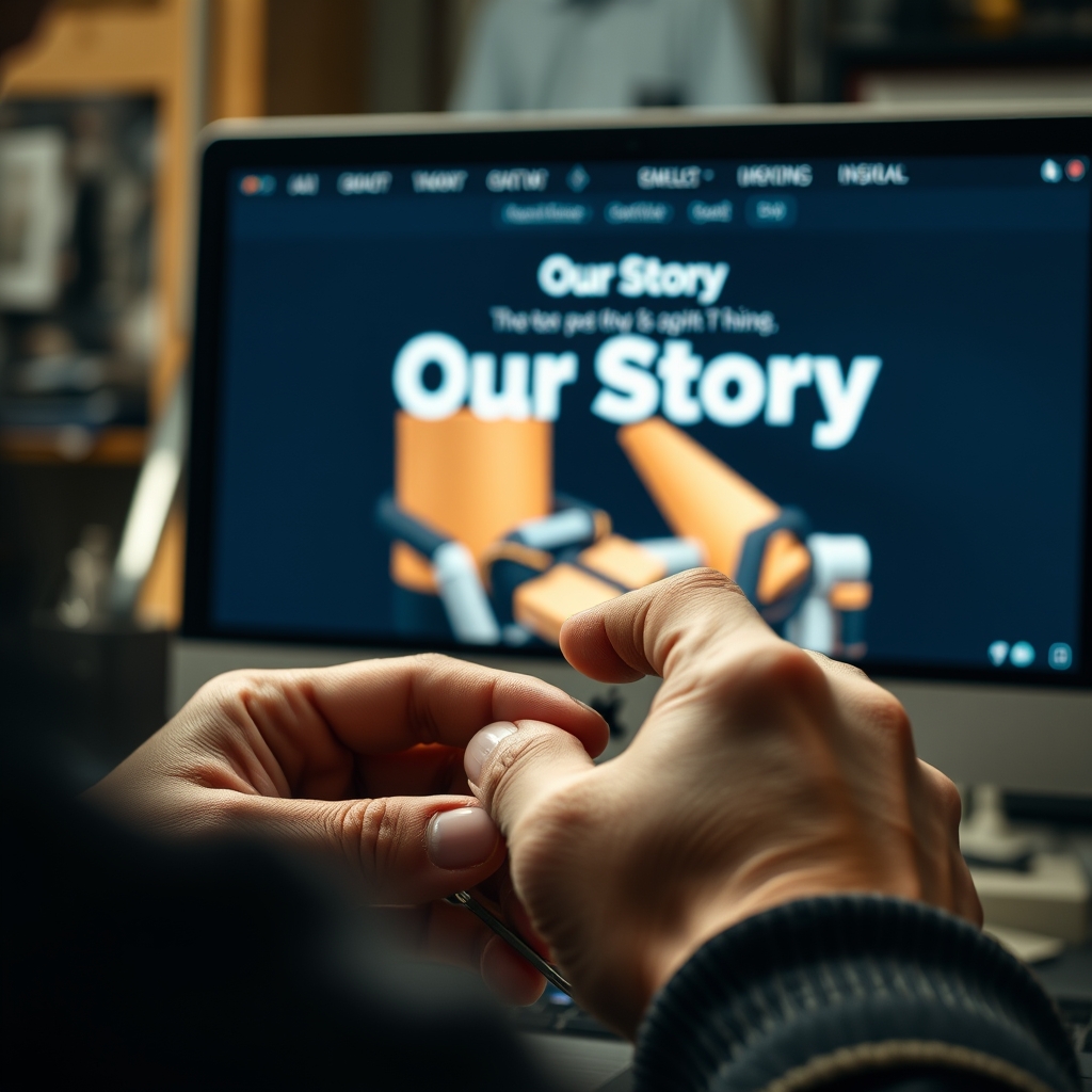 A close-up of hands crafting a product, with a blurred background of a computer screen displaying the brand's 'Our Story' page, creating a link between physical craft and digital narrative.