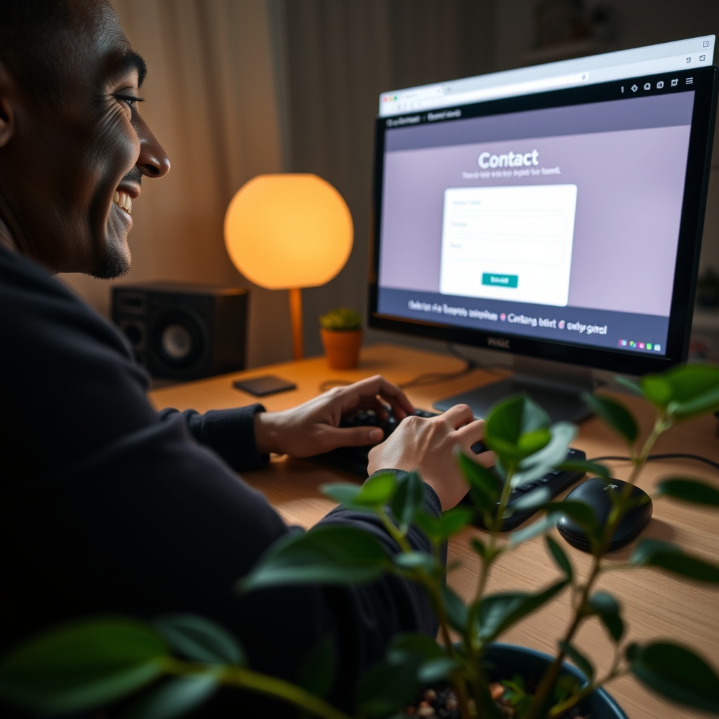 A person smiling while typing on a keyboard, with a website's contact form visible on the screen. The atmosphere is friendly and engaged, with a plant in the foreground symbolizing growth.