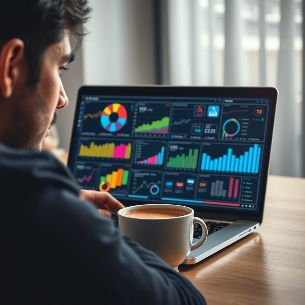 A person looking thoughtfully at a laptop screen showing colorful, abstract data visualizations and creative icons, with a warm cup of coffee beside it.