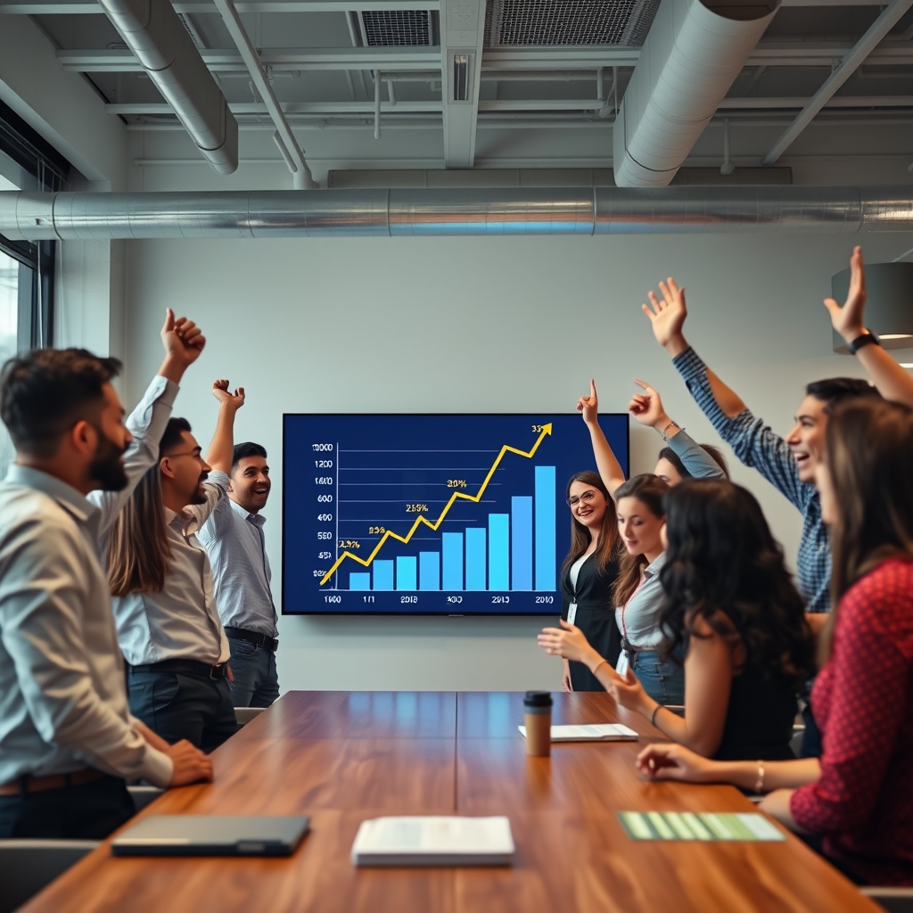 A diverse team celebrating in a modern office, looking at a large screen displaying a successful campaign metrics graph showing upward growth.