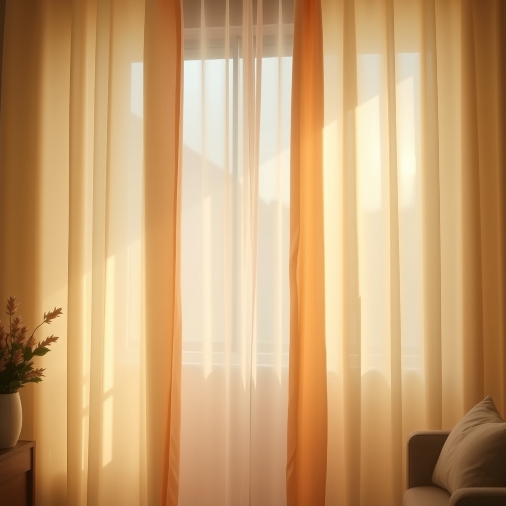A soft, slow-motion shot of light filtering through sheer curtains, casting a warm gradient of peach and cream tones across a cozy room.