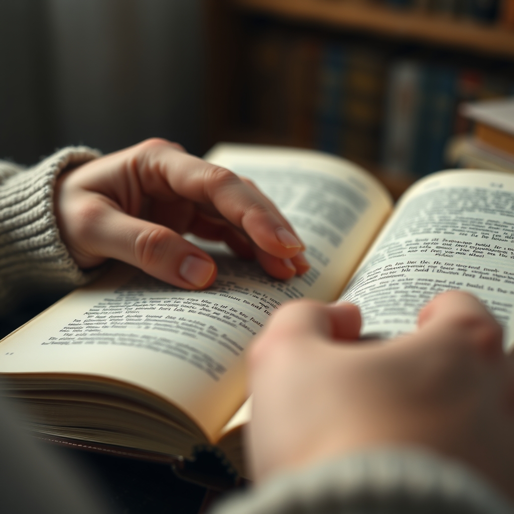 A close-up of hands slowly turning the pages of a well-loved book, with shallow depth of field, focusing on the texture of paper and the gentle movement.