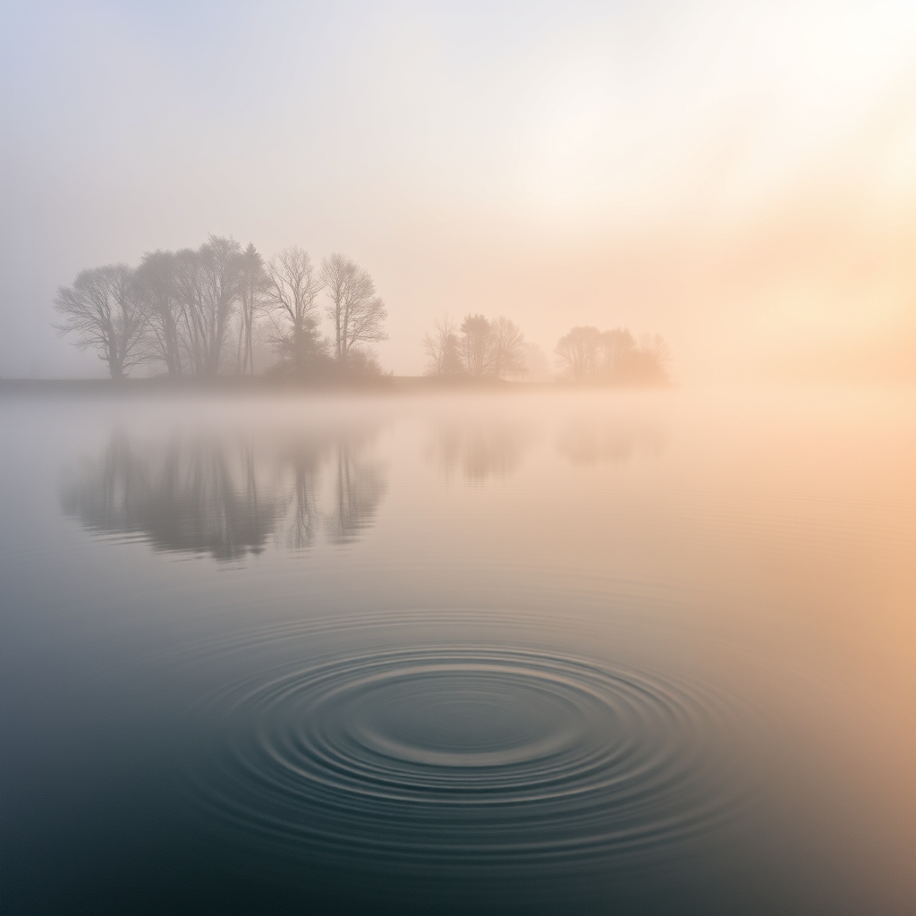 A wide, serene shot of a misty morning lake, with soft reflections of trees and a gentle ripple moving slowly across the water's surface, evoking calm and lingering beauty.