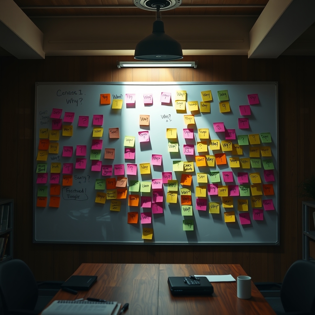 A cozy meeting room with a large whiteboard covered in colorful sticky notes with various question marks and 