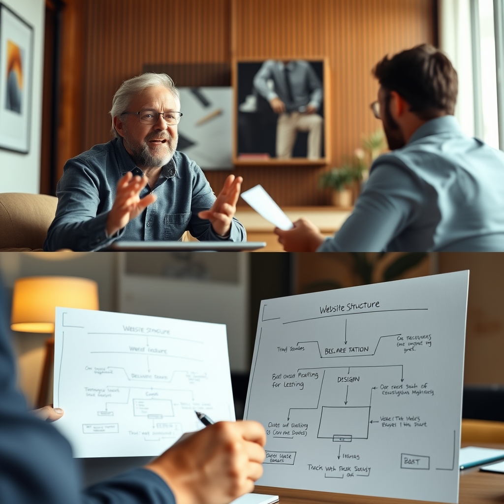 A split-screen image showing on one side a person speaking passionately in a client meeting, and on the other side, a designer sketching out website structure based on the conversation.