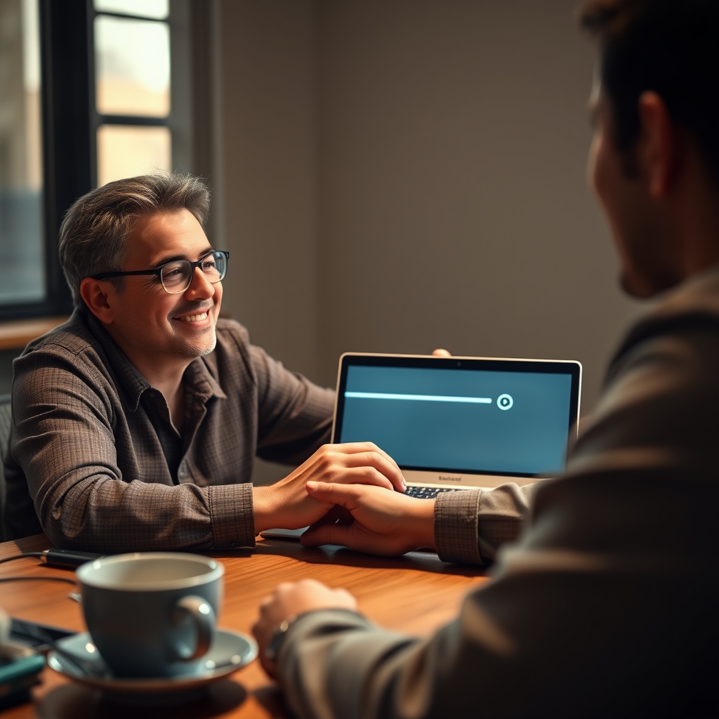 A client watching a short, elegant concept video on a laptop screen, their face lit up with a smile of understanding and excitement, a cup of coffee beside them.