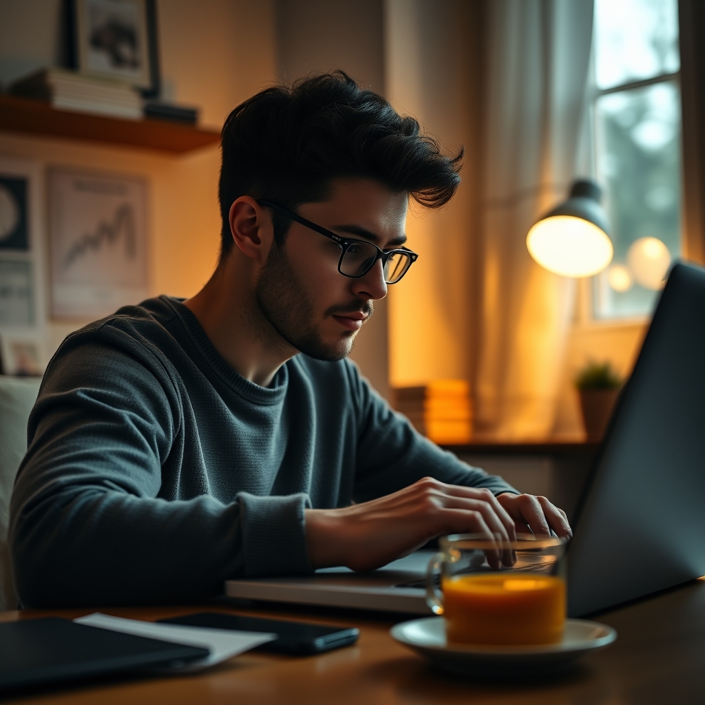 A person looking thoughtfully at a laptop screen showing a graph, with a warm cup of coffee beside them, in a cozy home office setting.