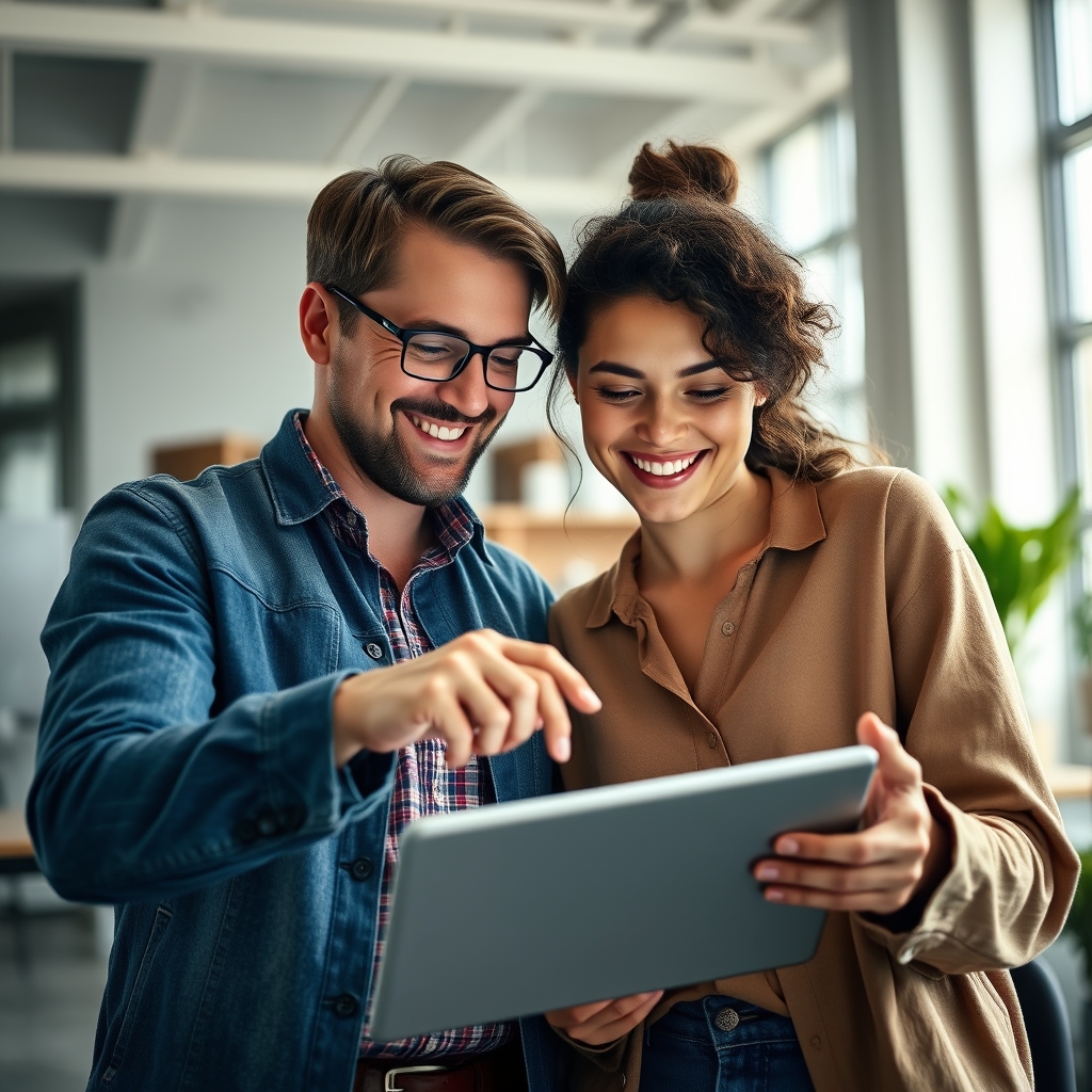 Two people smiling while looking at a tablet together, one pointing at the screen, in a bright, collaborative workspace.