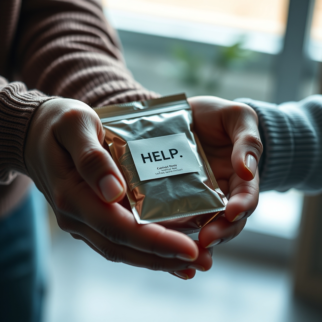 A close-up of hands passing a thoughtfully packaged product to another person's hands, symbolizing help and connection.