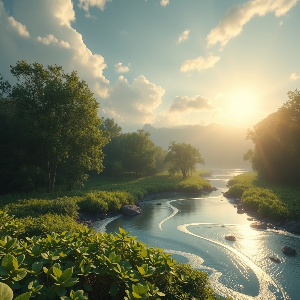 A serene, dreamlike landscape where brand symbols like logos or colors are organically integrated into nature, such as flowing as a river or glowing as sunlight through leaves.