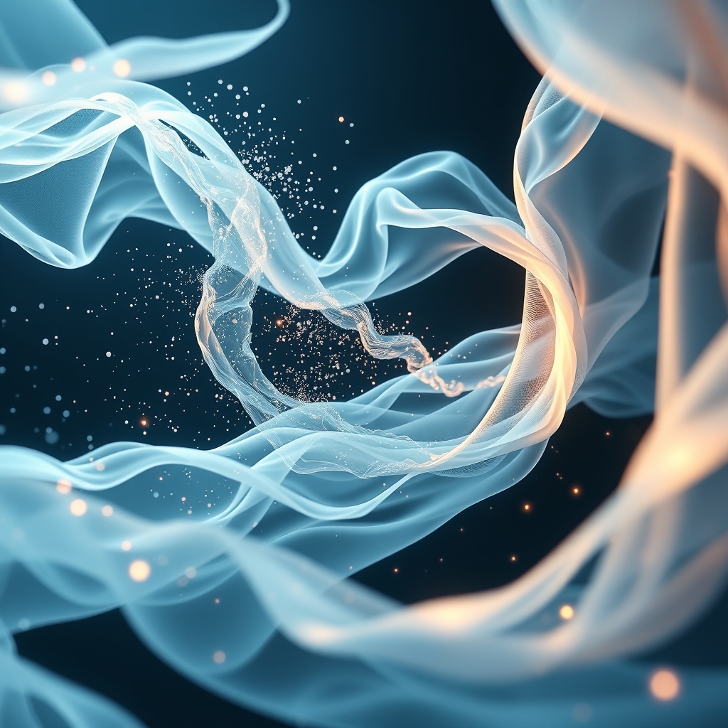 A dynamic, abstract scene showing the transformation of a brand's core values into flowing visual elements like light particles, water, or ethereal fabrics, moving gracefully.