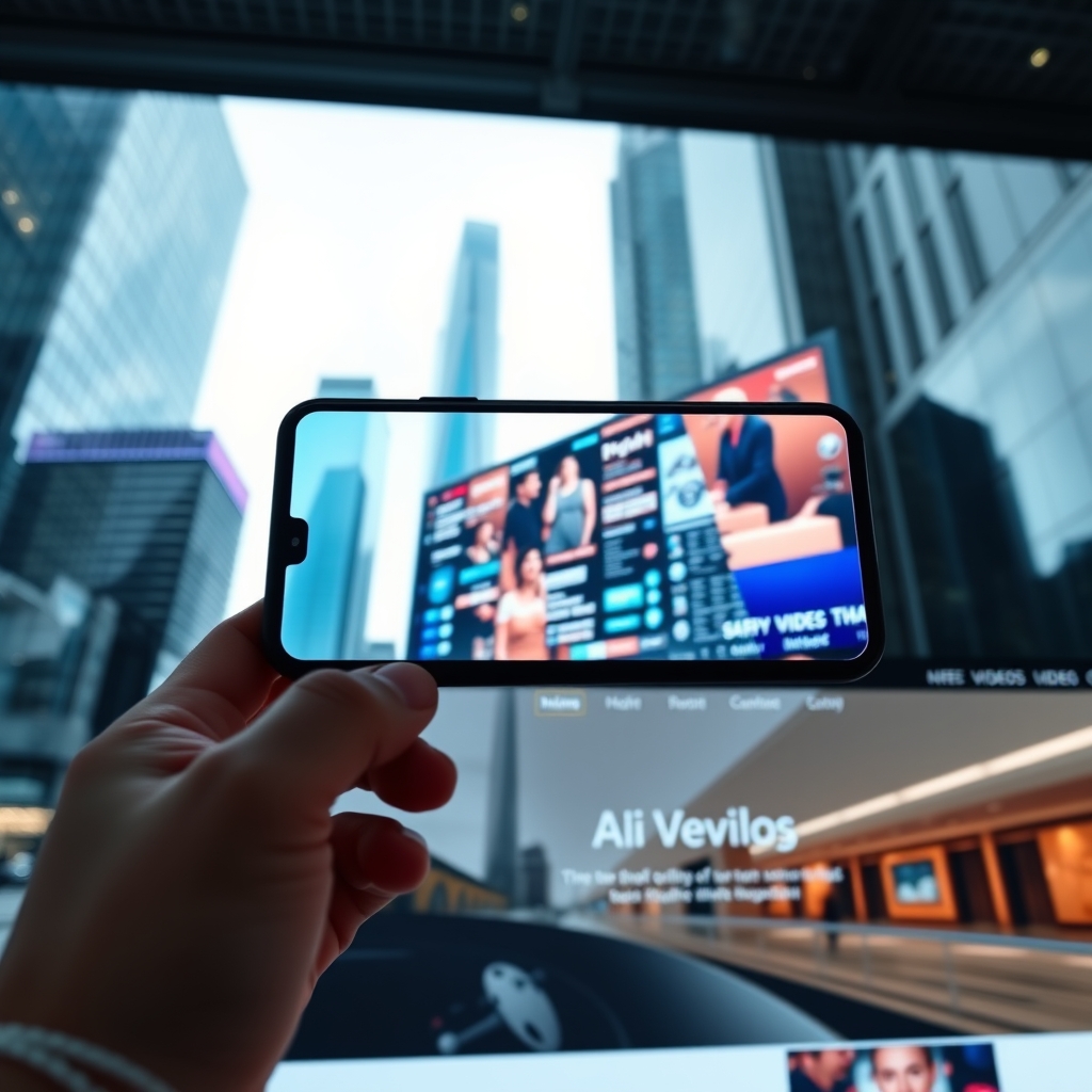 A split-screen view showing a brand's AI-generated video being displayed across multiple modern platforms: a smartphone screen, a large digital billboard in a city, and a sleek website header.