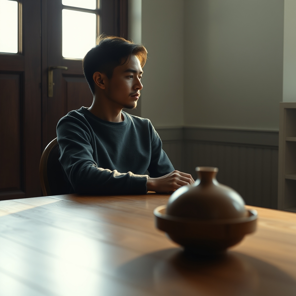 A person sitting quietly in a softly lit room, looking thoughtfully at a simple, elegant object on a wooden table, with morning light streaming in through a window.