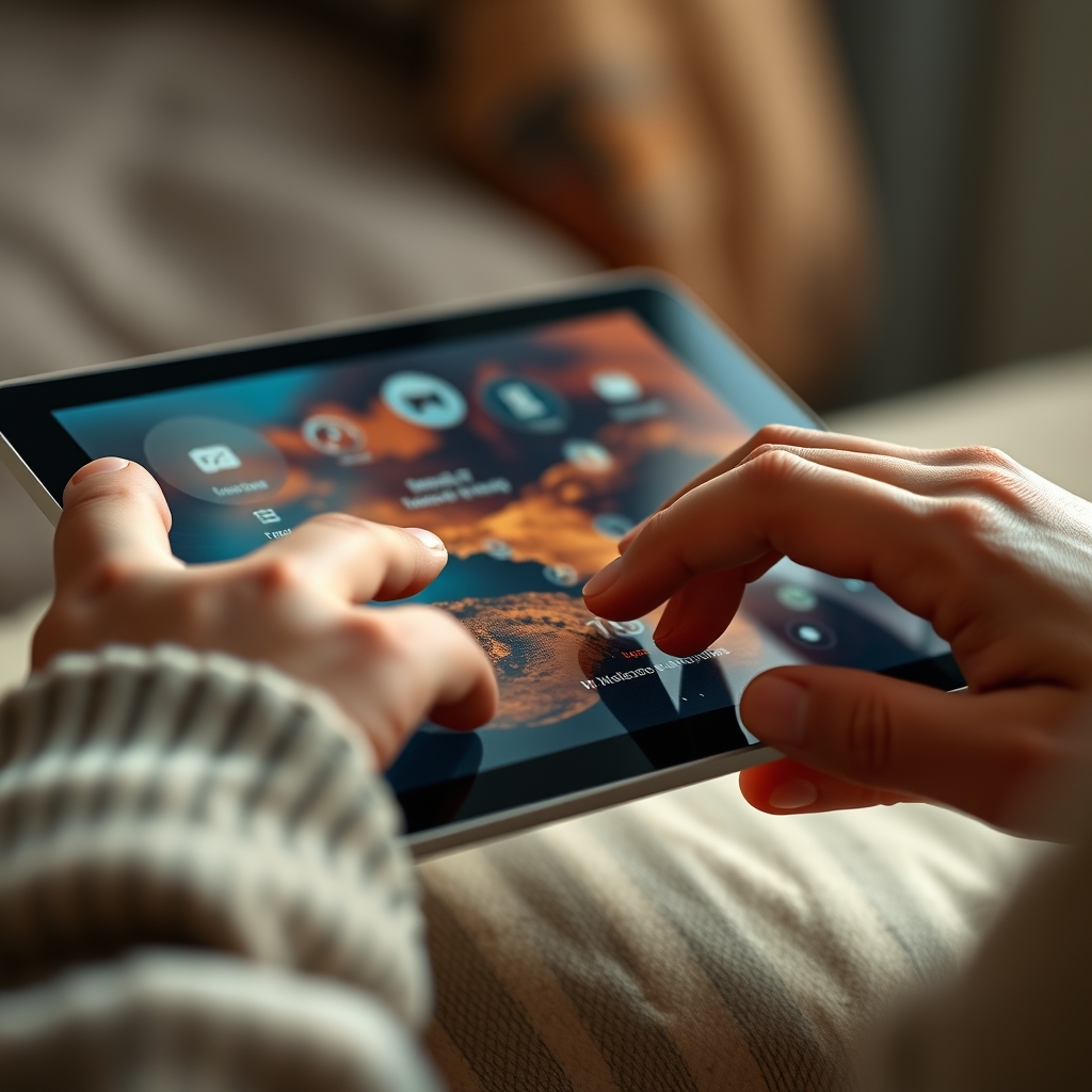 A close-up of hands interacting with a tactile, warmly textured interface on a tablet, showing an intuitive and calming design that feels like a natural extension of the hand.
