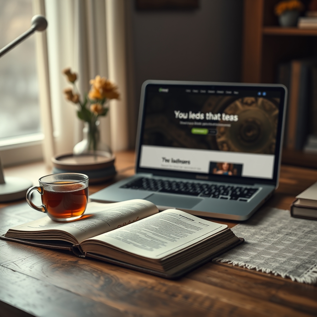 A cozy, warm-lit desk with an open vintage journal, a cup of tea, and a laptop showing a simple, early version of a website design.