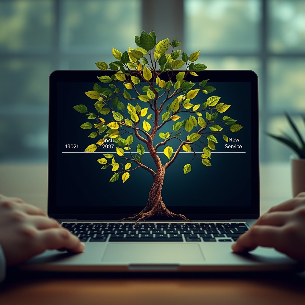A visual timeline growing like a tree from a laptop screen, with branches representing different years and leaves as key milestones like 