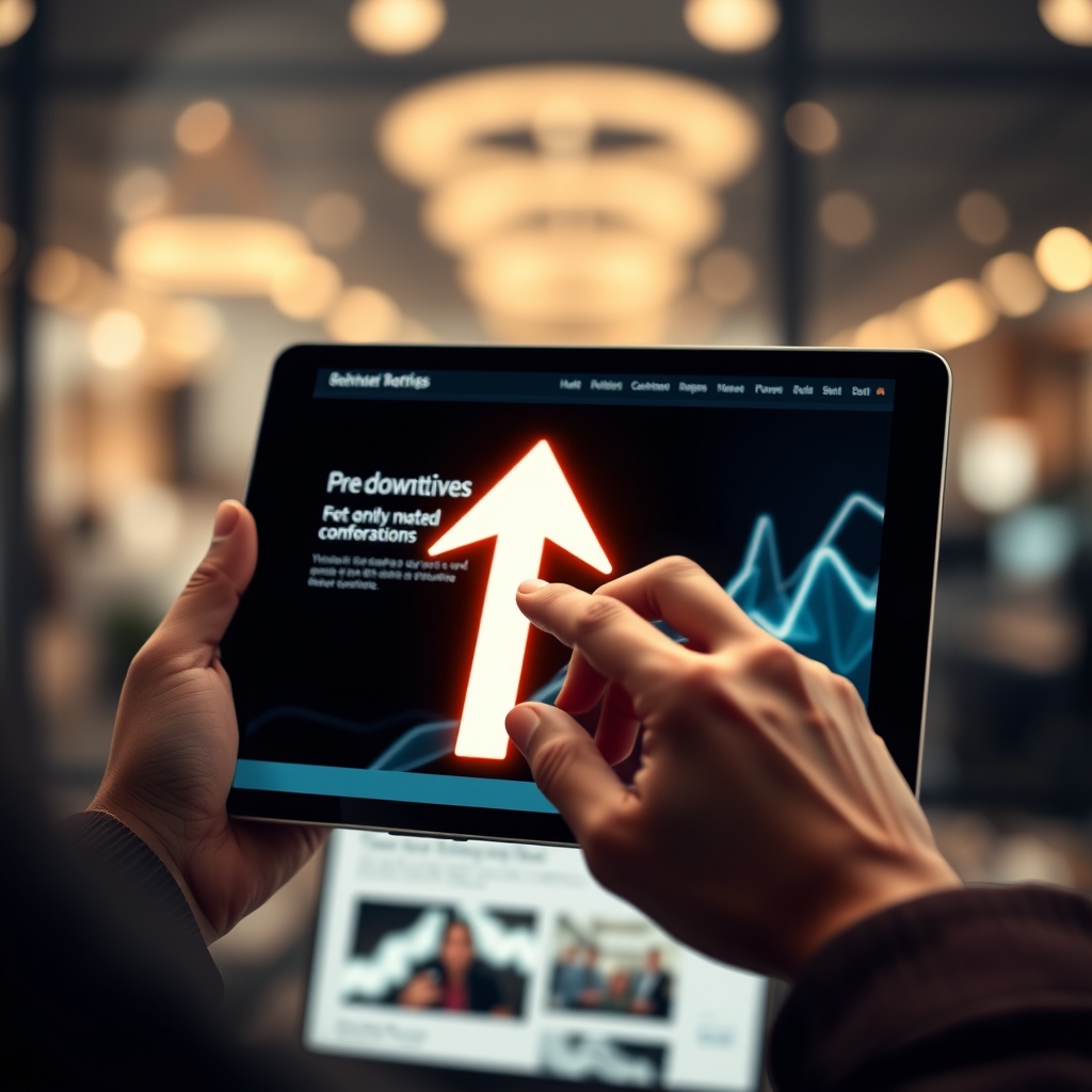 A hand drawing a bright, forward-moving arrow on a tablet, overlaid on a blurred background of a modern, sleek website design. The feeling is hopeful and future-oriented.