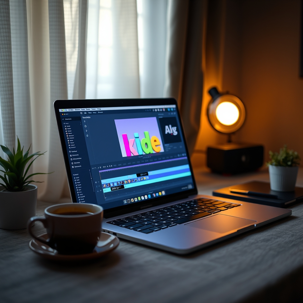 A cozy, softly lit desk with a laptop open to a simple video editing software interface, a warm cup of coffee beside it, and a small plant. The screen shows a playful, colorful title being added to a video.