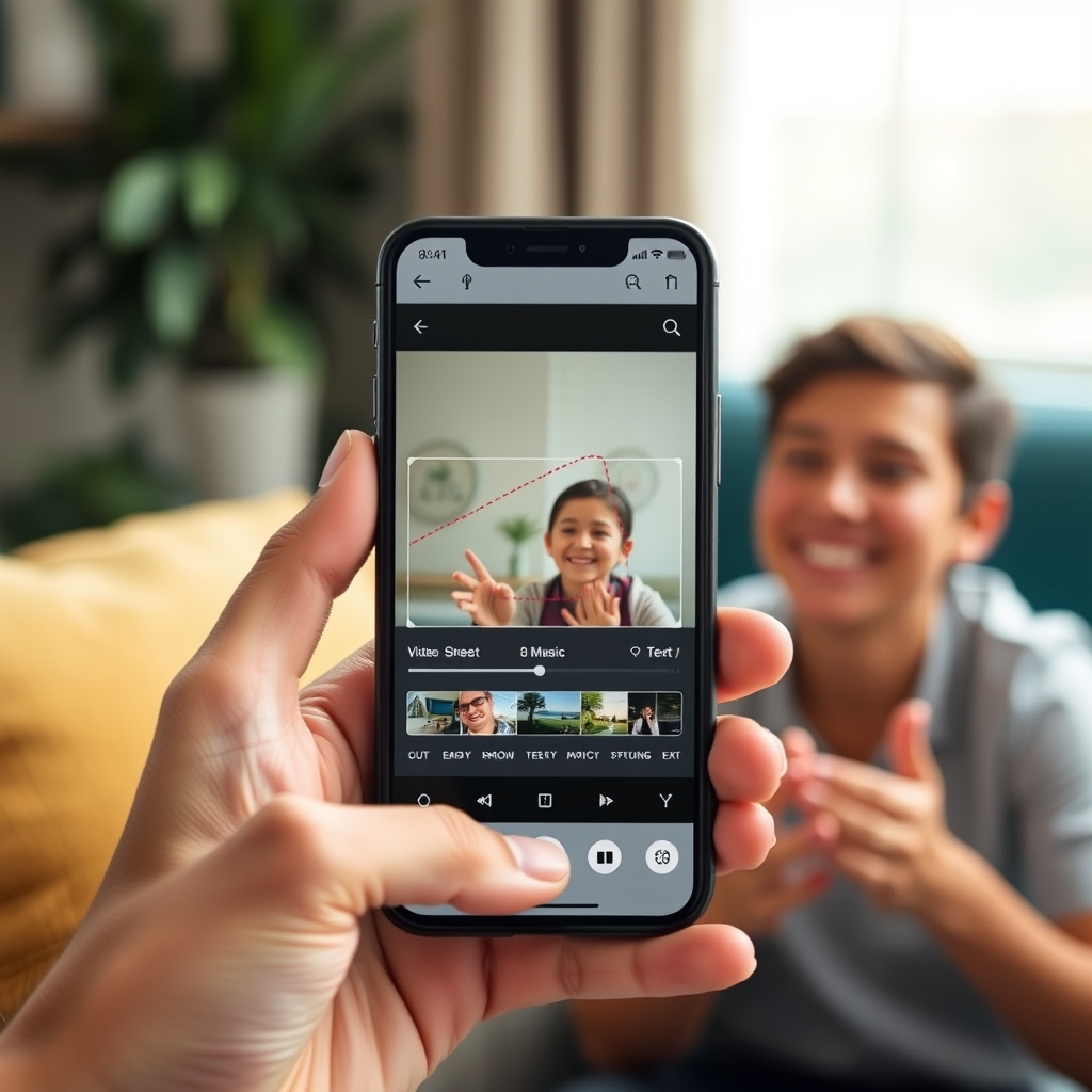 A hand holding a smartphone, showing an intuitive video editing app with large, friendly icons for cut, music, and text. In the background, someone is smiling while watching the edited clip.