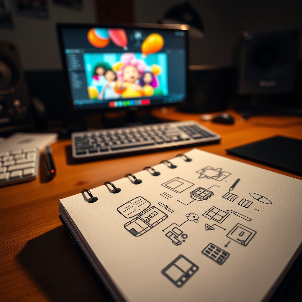 A close-up of an editor's workspace, showing a notebook with doodles of storyboard ideas next to a keyboard. The computer screen shows a vibrant, playful video sequence coming together.