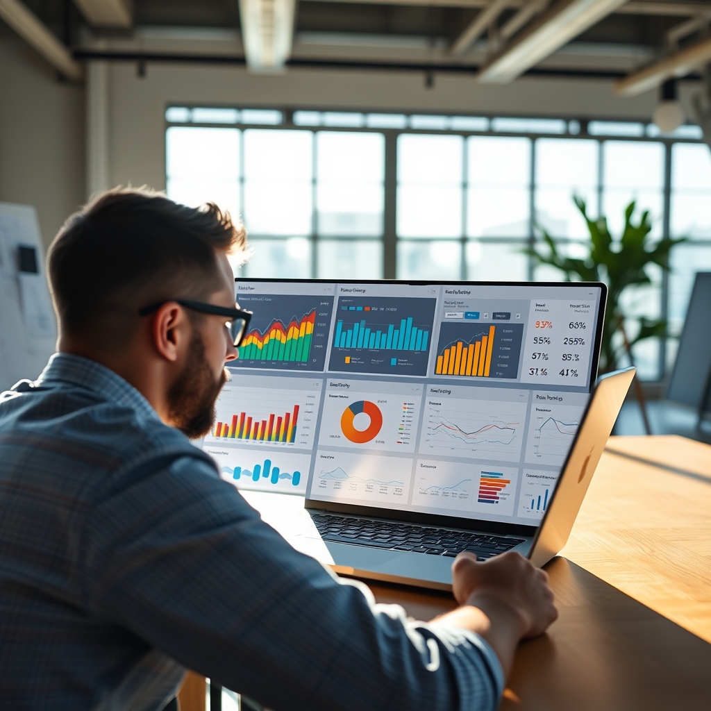 A designer looking at a laptop screen showing colorful data analytics graphs and AI-generated website layout suggestions, in a modern, sunlit studio.