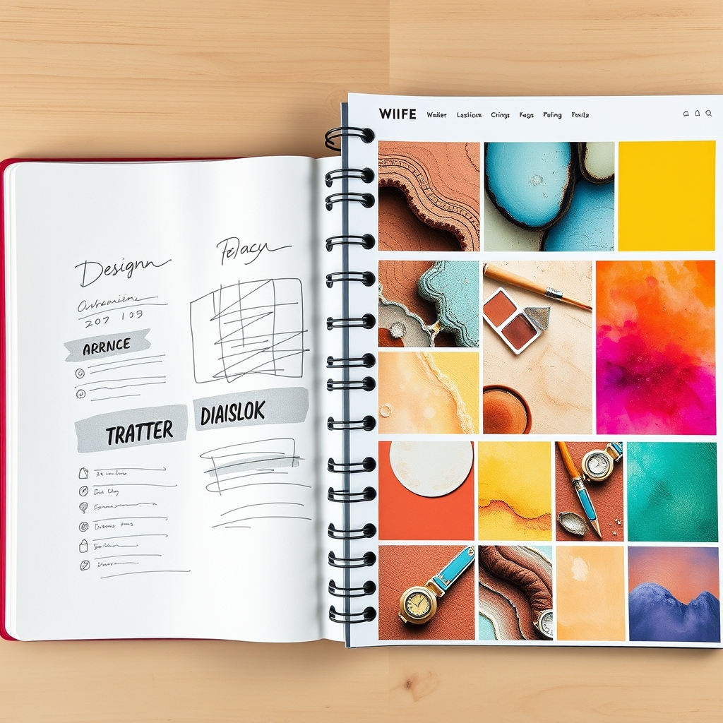 A split-screen view showing a designer's sketchbook on one side and a vibrant, AI-generated website mood board with unexpected color combinations and textures on the other.