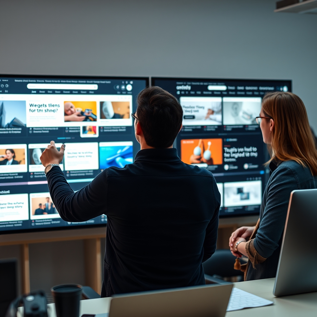 A designer confidently selecting one concept from multiple AI-generated website mockups displayed on a large screen, focusing on the one that best tells a brand's story.