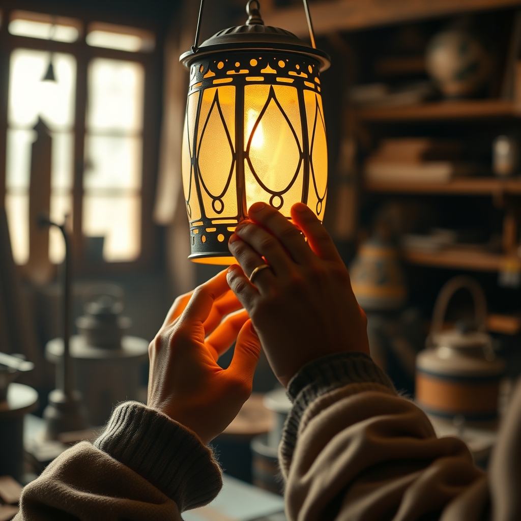 A person's hands gently crafting a delicate, glowing lantern in a cozy workshop, symbolizing the creation of value.
