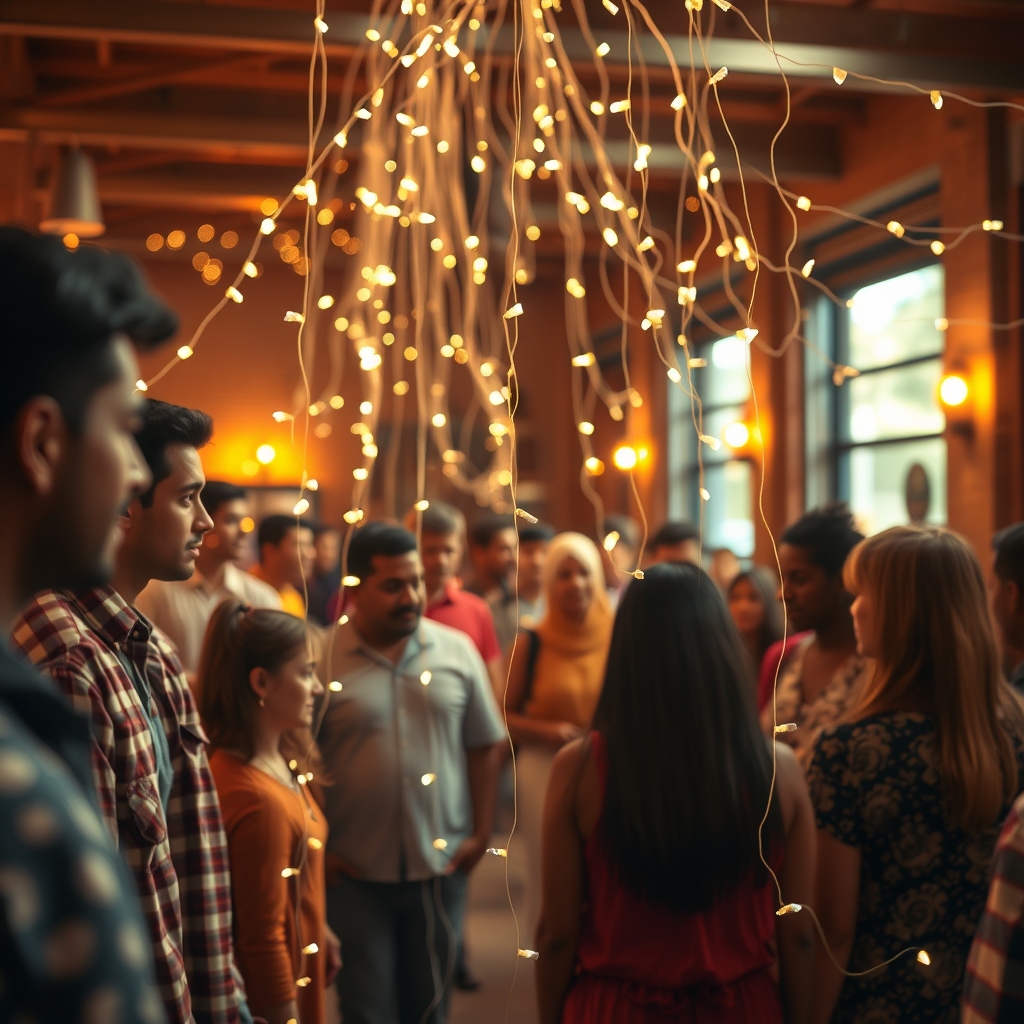 A diverse group of people connected by shimmering, thread-like lights in a warm, inviting community space, representing connection.
