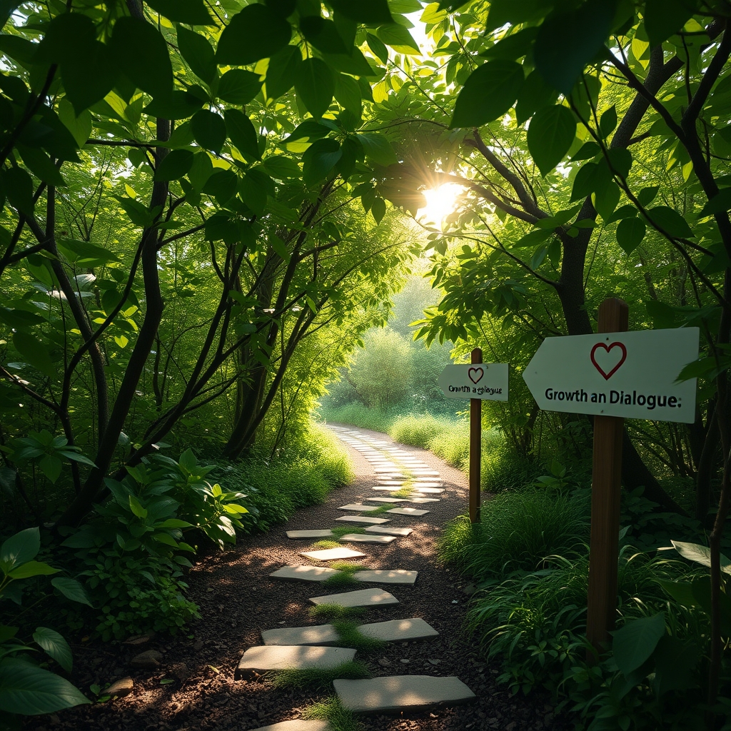 A path in a lush garden where light streams through leaves, with signposts showing icons of heart, growth, and dialogue, symbolizing a journey of shared growth.