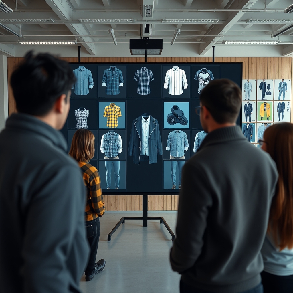 A modern design studio, a team looking at a large screen where AI generates various stylish uniform concepts in real-time, with mood boards in the background.